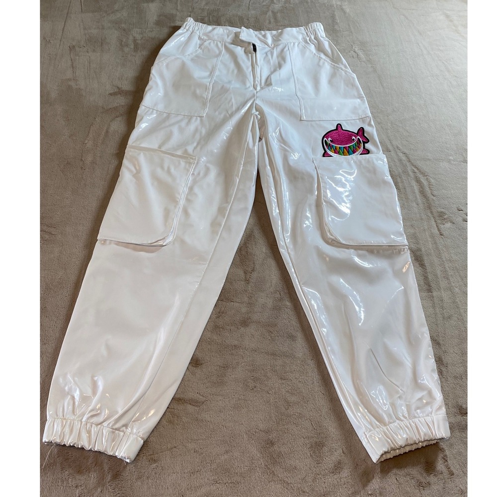 Trollz 6ix9ine Shark Pants White Patent Faux Leather Cargo Joggers Mens Size S